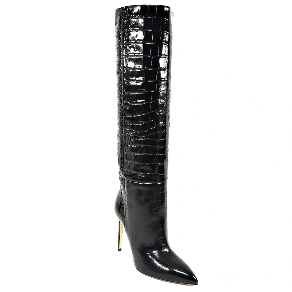 PARIS TEXAS 🇮🇹 WOMEN'S BLACK EMBOSSED CROCO STILETTO FASHION BOOTS - Picture 3 of 9